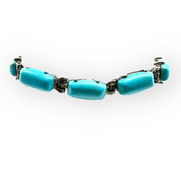 Burnished Silver Bracelet Turquoise Rectangular Semi Precious Stone Howlite - Picture 3 of 10